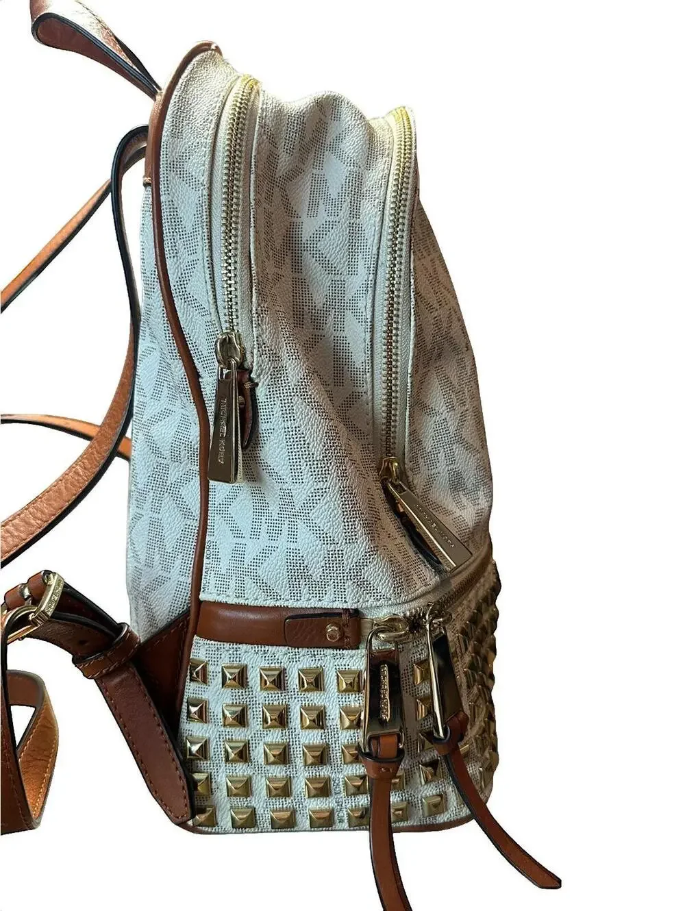Michael Kors Studded Logo Backpack Cream Tan Leather Trim